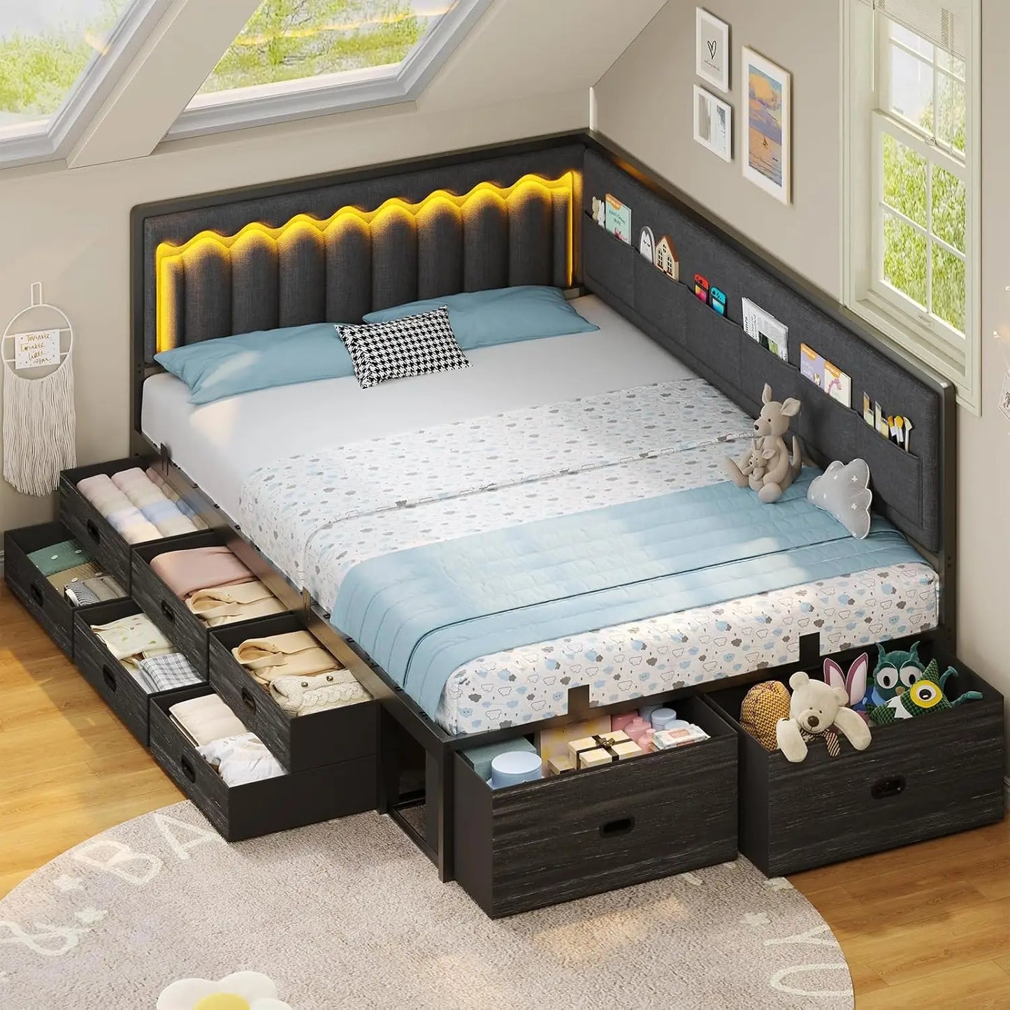 Full Corner Bed Frame with 8 Drawers, 6 Storage Pockets and RGB Wave Lights