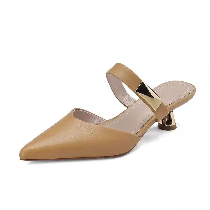 Leather Heeled Slides Sexy Pointed Toe High Quality