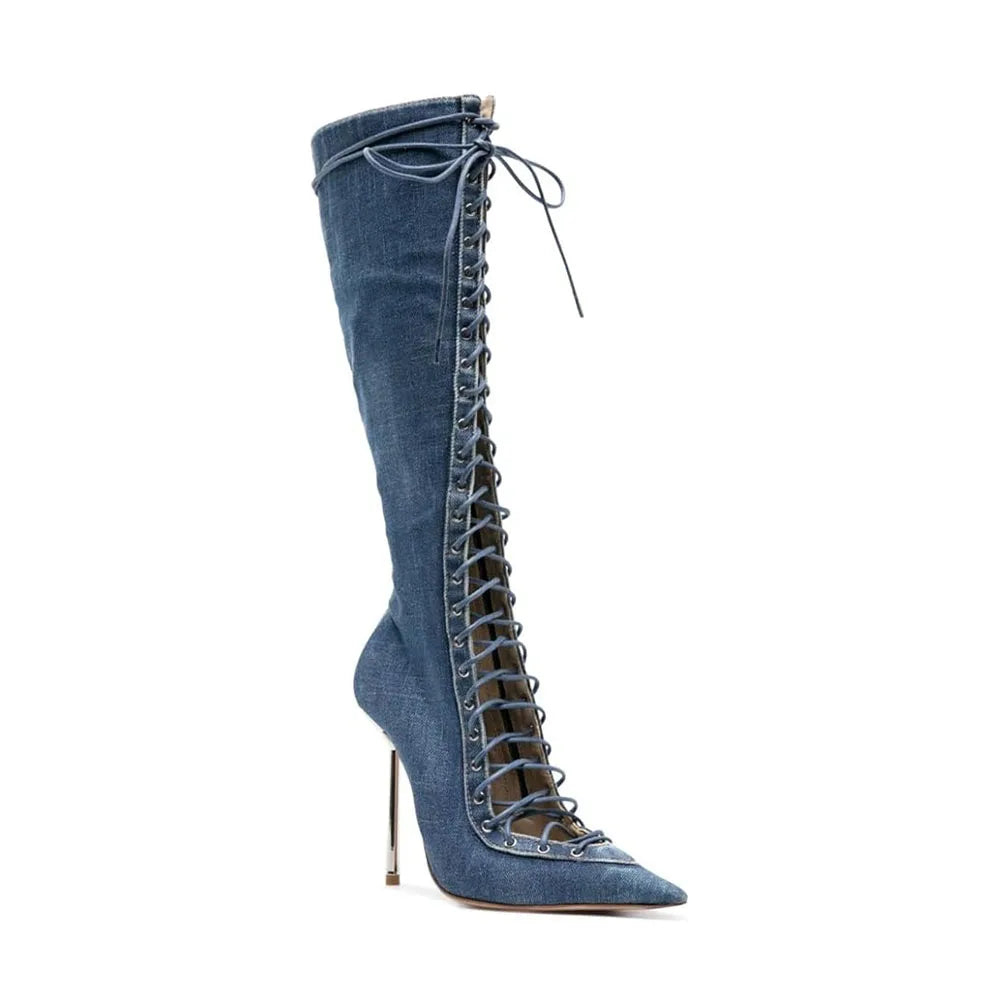 Denim Cross Tied Short Boots Pointed High Heel