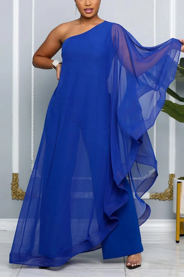 One Shoulder Ruffled Trim Jumpsuit