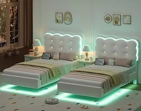 HIFIT 2 Set Upholstered Twin Size LED Bed Frame with Charging Station