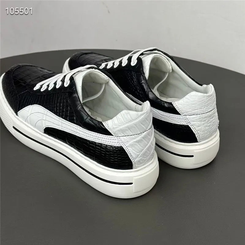 Authentic Real Crocodile Skin Classic Black White Men's Casual Board Shoes