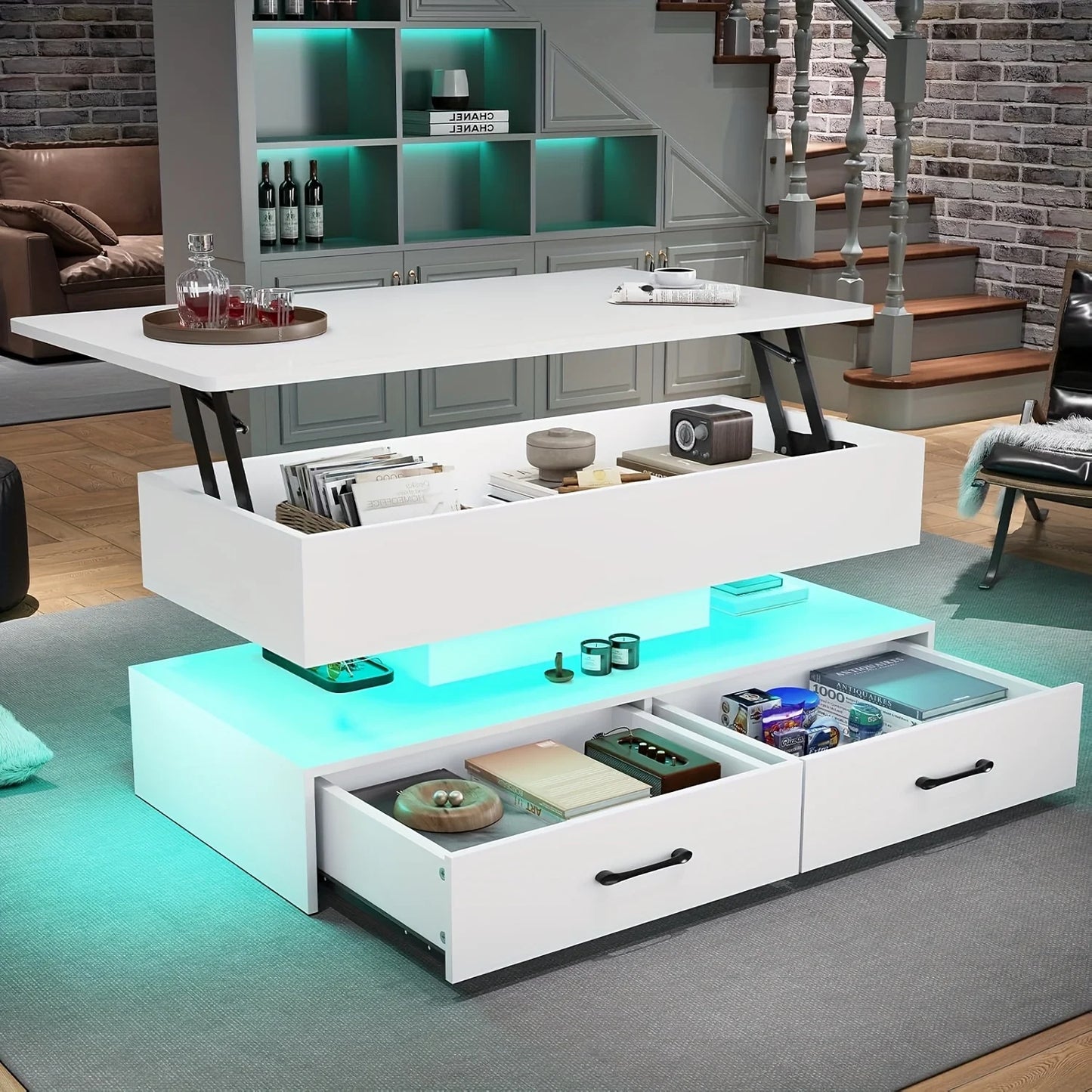 40-Inch Lift-Top Coffee Table with Two Drawers and LED Lighting