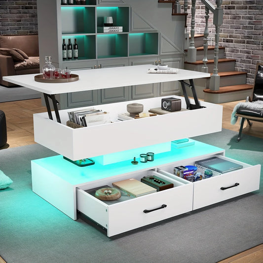 40-Inch Lift-Top Coffee Table with Two Drawers and LED Lighting