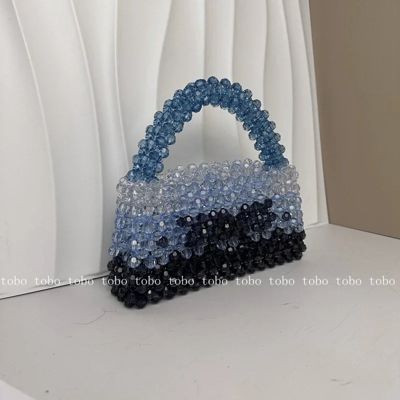 Gradient Blue Beaded Chain Handle Clutch Evening Bag