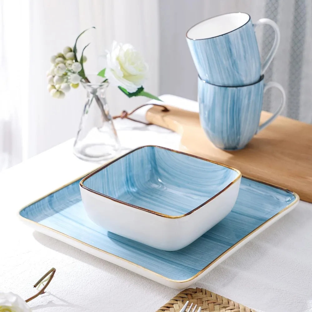 Kitchen Dishes 32 Pieces Square Light Blue Brushed Design