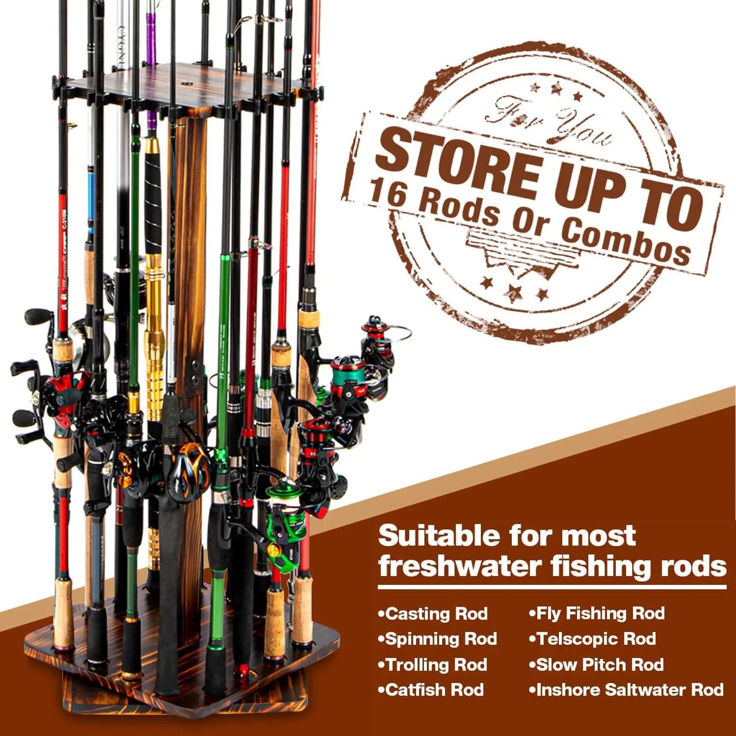 360 Degree Rotating Fishing Pole Rack up to 16 Rods
