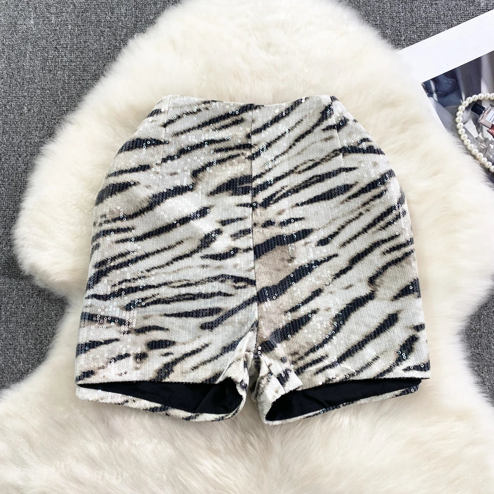 Fashion Sequins Leopard Print Wide Leg Shorts