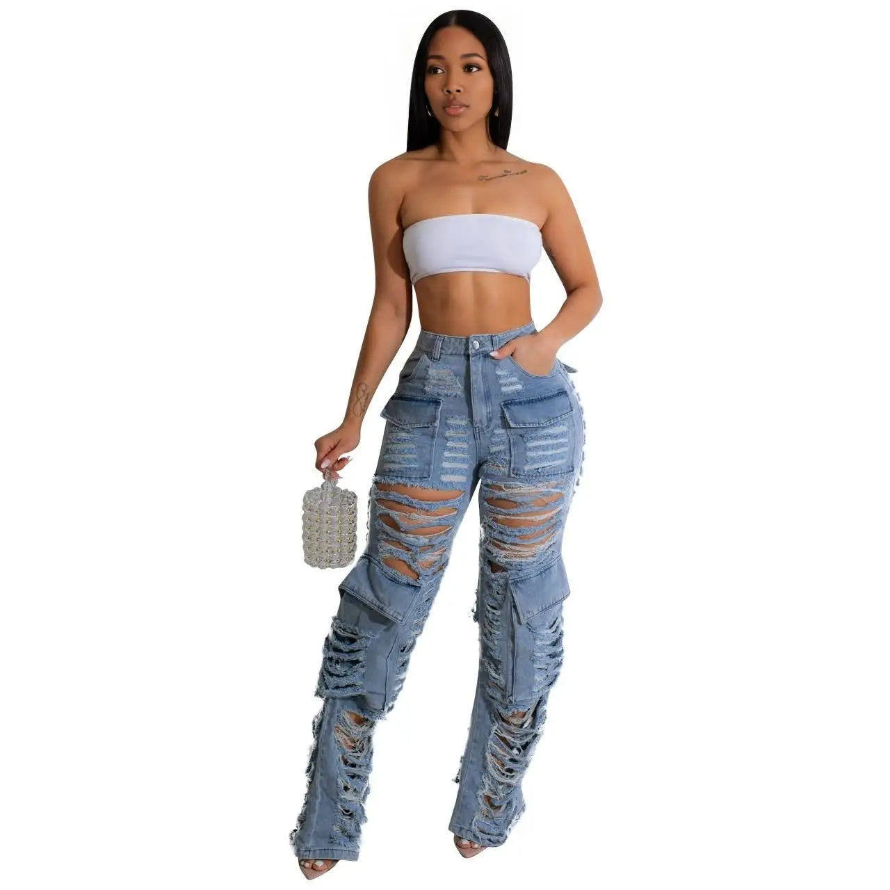 Ripped Hollow Out Cargo Pockets Women's Jeans