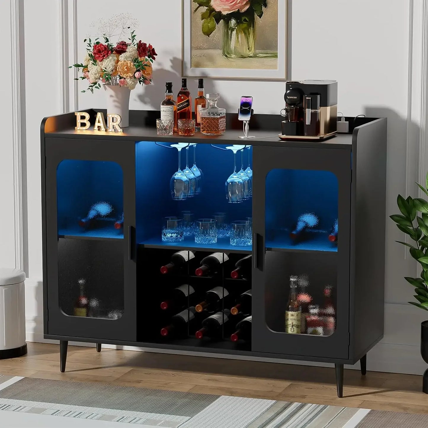 Cabinet Bar with Power Outlet and LED Lights
