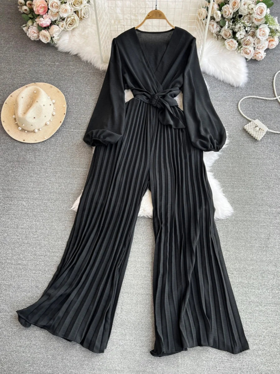 High Waist Wide Leg Jumpsuit Long Sleeve