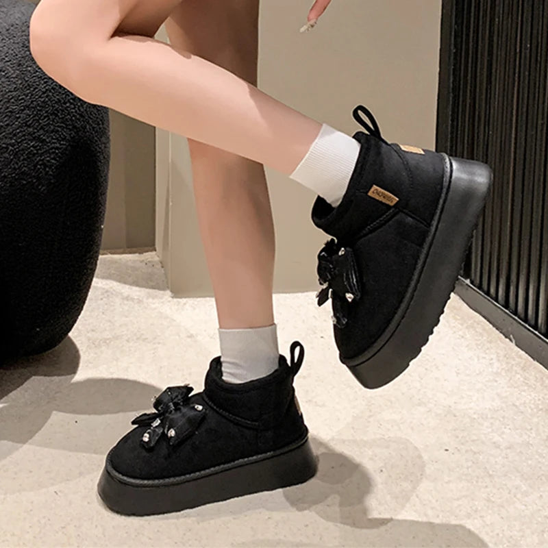 Diamond-Studded Butterfly-Knot Thicken Plush Ankle Boots