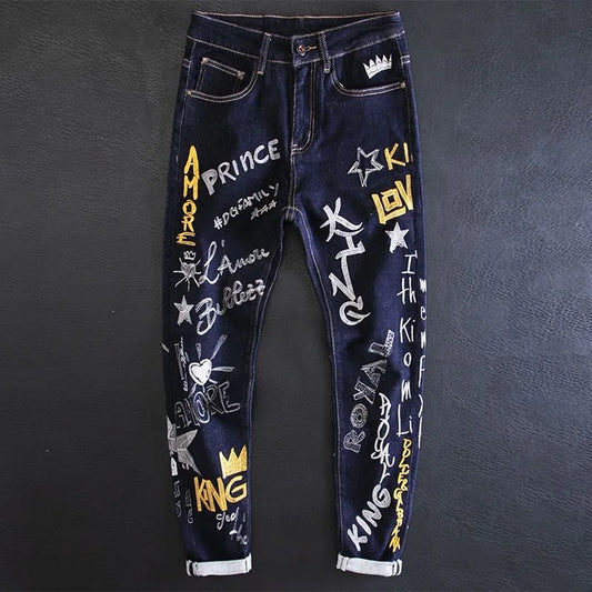 Printed Embroidery Elastic Casual Slim Pants