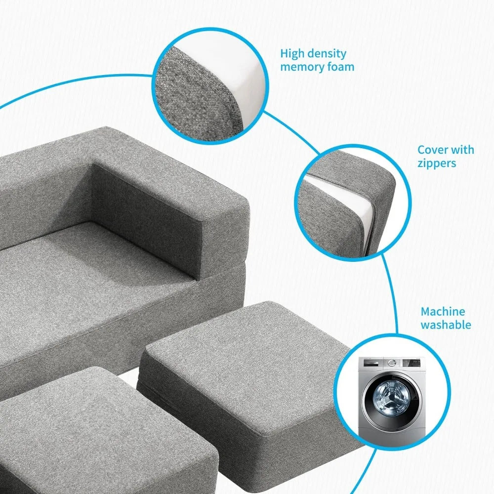 Futon Sofa Bed Queen Convertible with 3 Ottomans Memory Foam