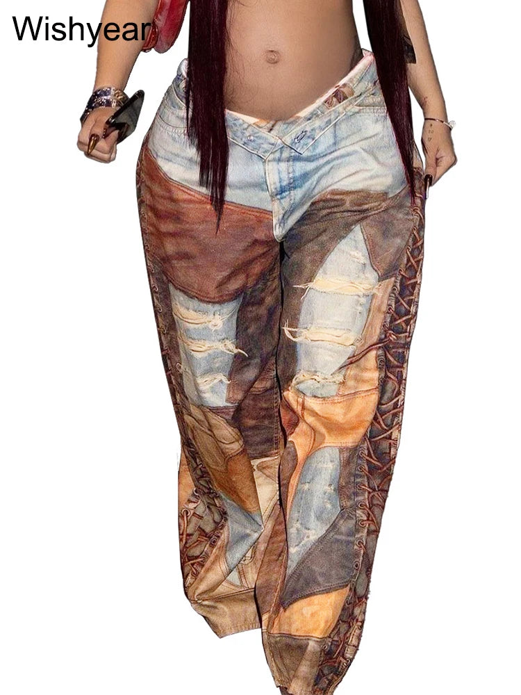 Women's Patchwork Mid Waist Wide Leg Pants