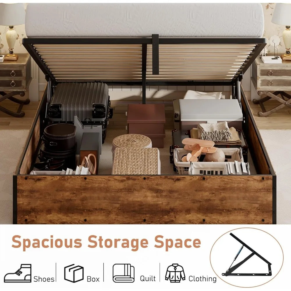 Queen Size Lift Up Storage Bed Frame RGBW LED Light
