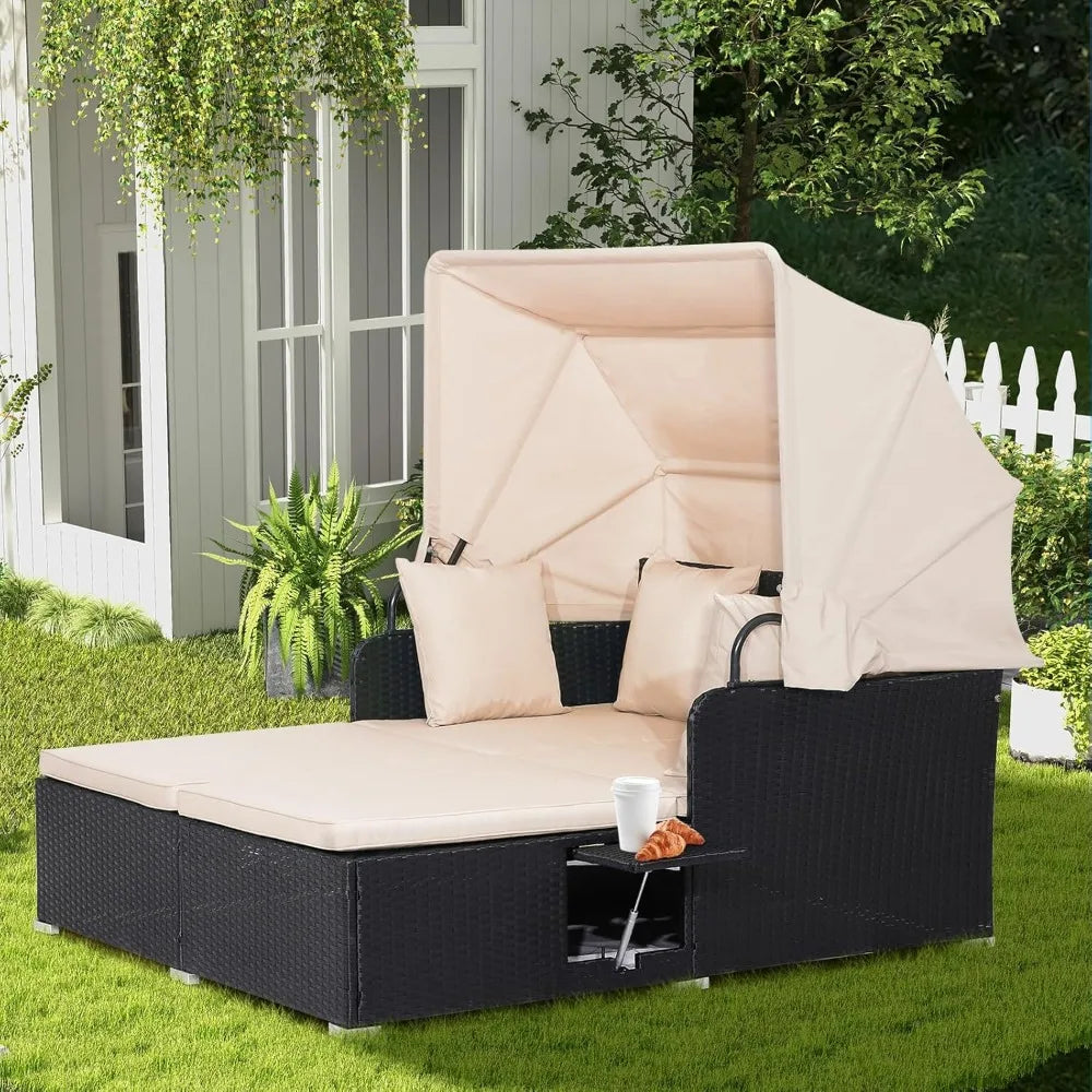 Outdoor Wicker Sunbed w/Cushions, 4 Pillows & 2 Retractable Side Trays