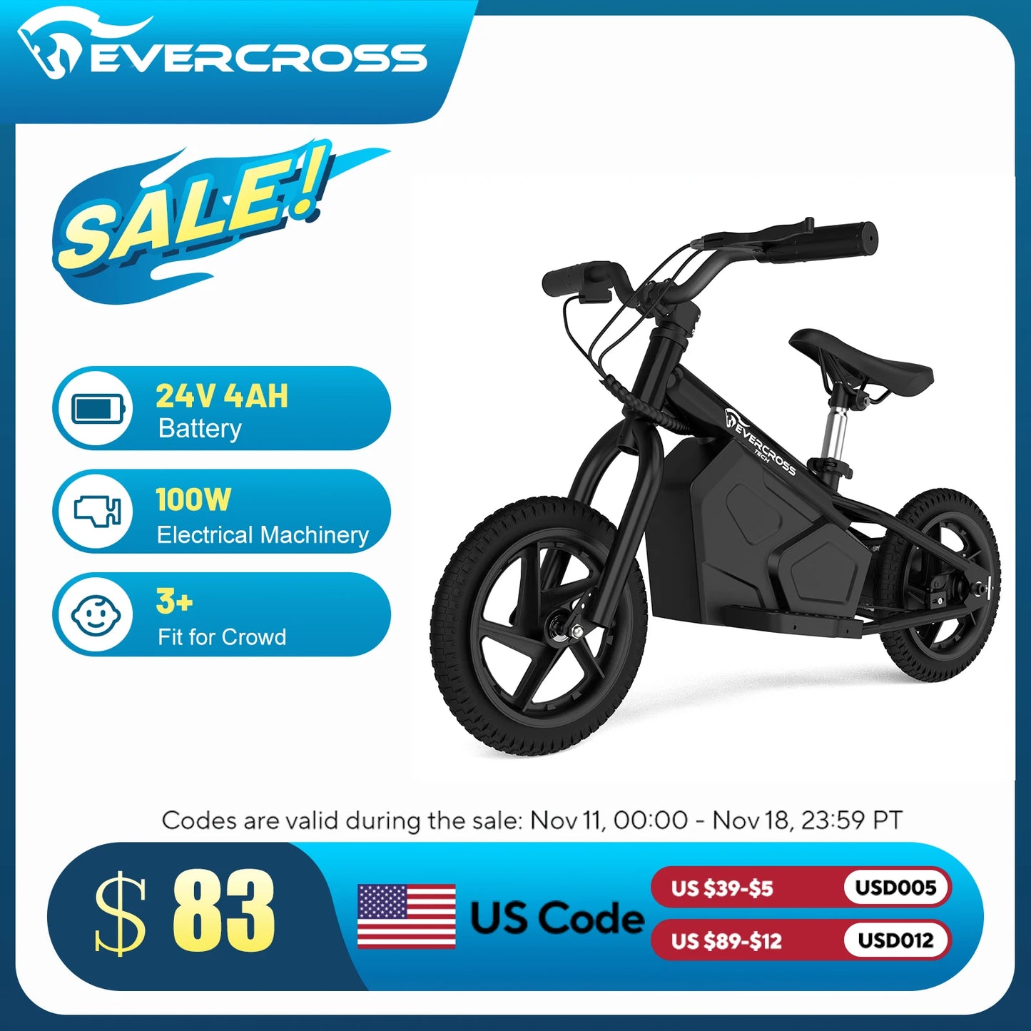 EVERCROSS Electric Balance Bike for Kids 100W with12"Tires