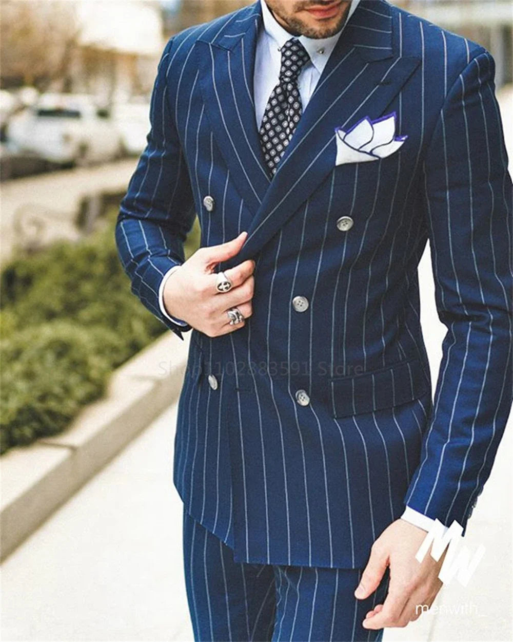 Classic Navy Blue Striped Men's Suits Slim Fit