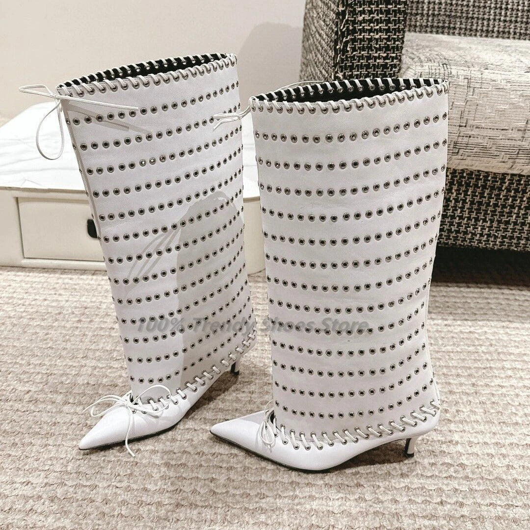Cowhide Rivet Fashion Boots Big Tube Runway Style
