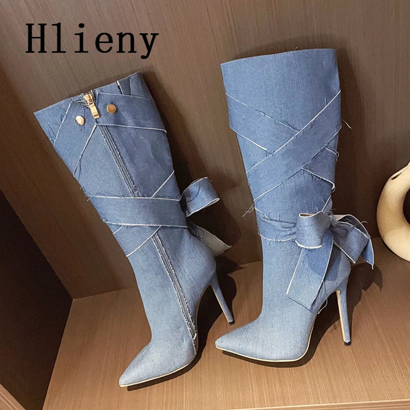 Blue Denim Women Knee High Boots