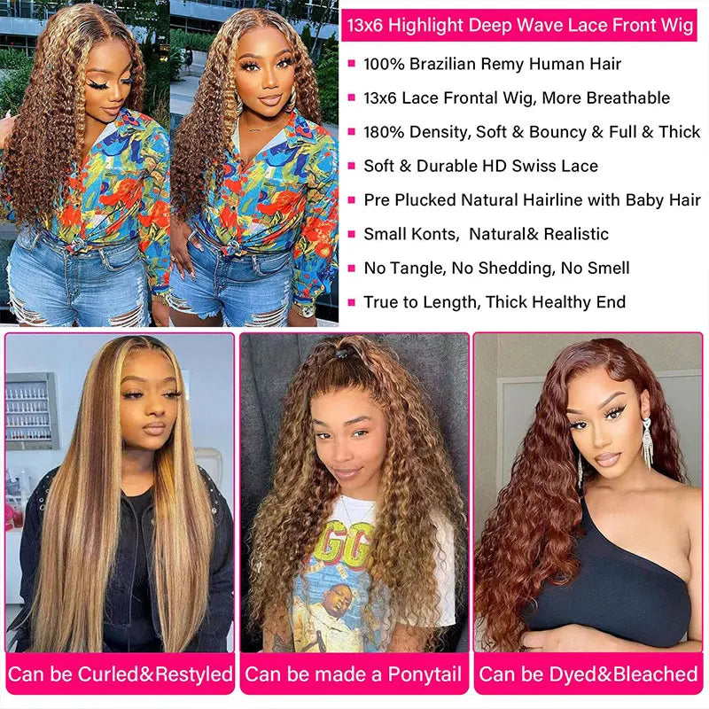 Highlight Lace Front Wig Human Hair Honey Blonde Water Wave