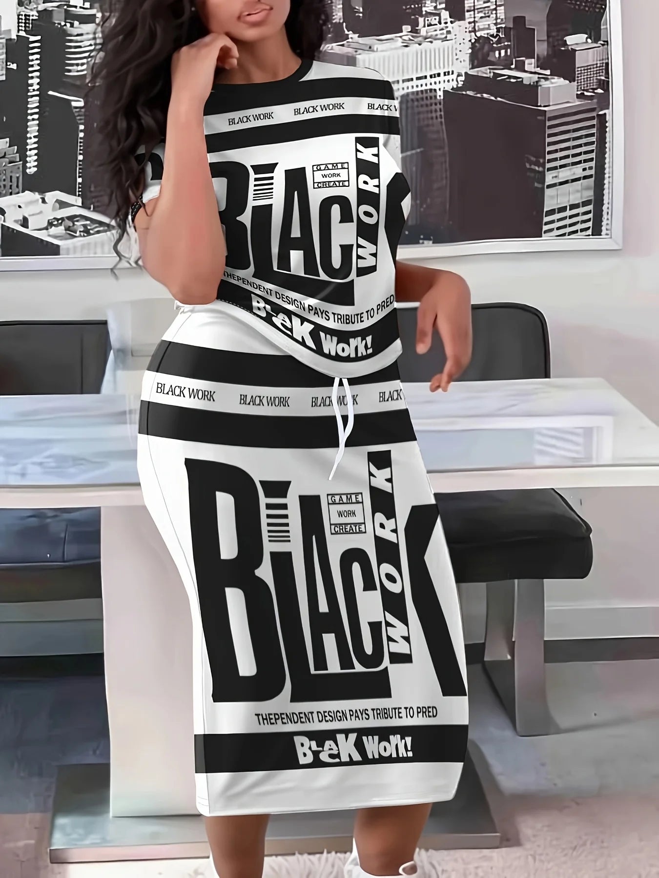 Plus Size Letter Print Drawstring Skirt Set