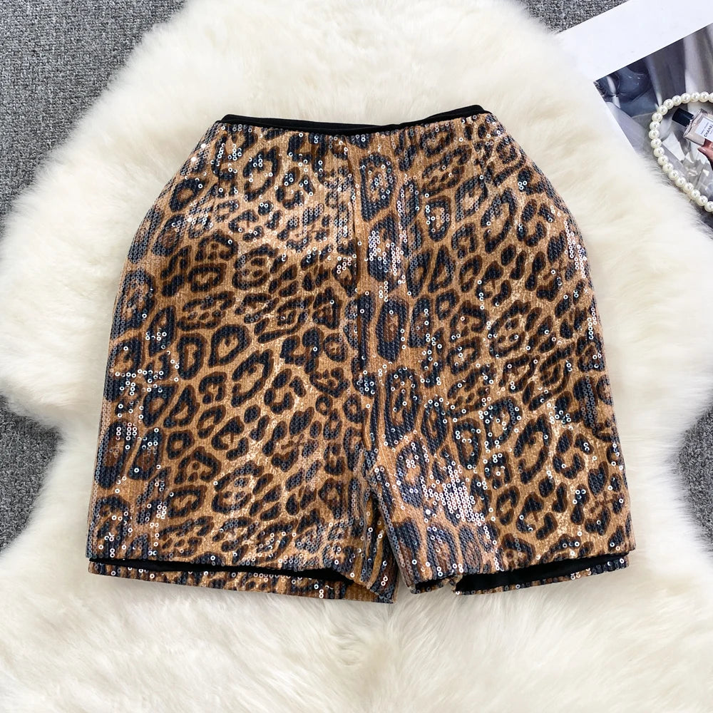 Fashion Sequins Leopard Print Wide Leg Shorts