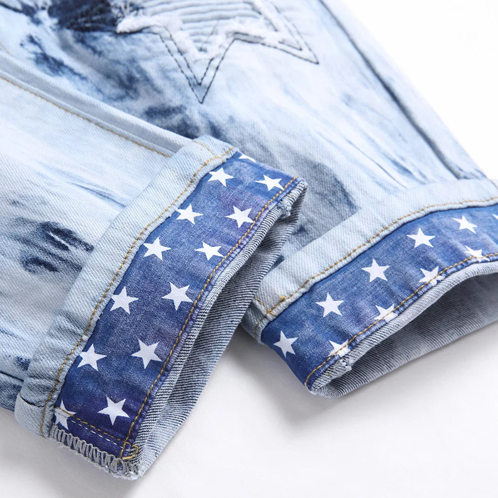 Men Pleated Stars Patch Tie and Dye Stretch Denim Pants