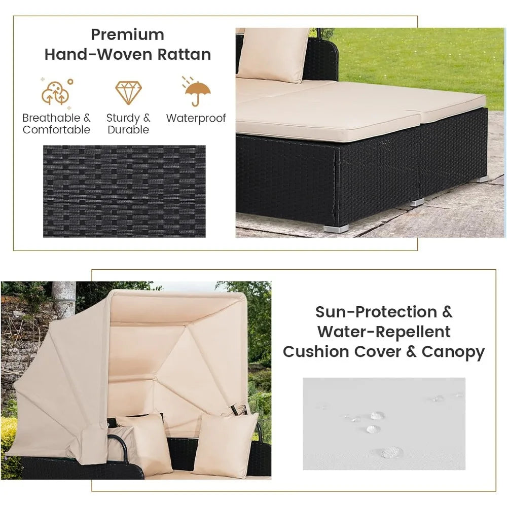 Outdoor Wicker Sunbed w/Cushions, 4 Pillows & 2 Retractable Side Trays