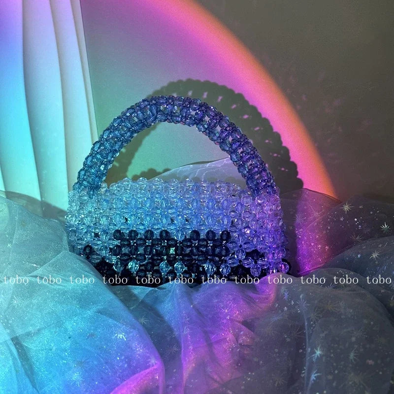 Gradient Blue Beaded Chain Handle Clutch Evening Bag