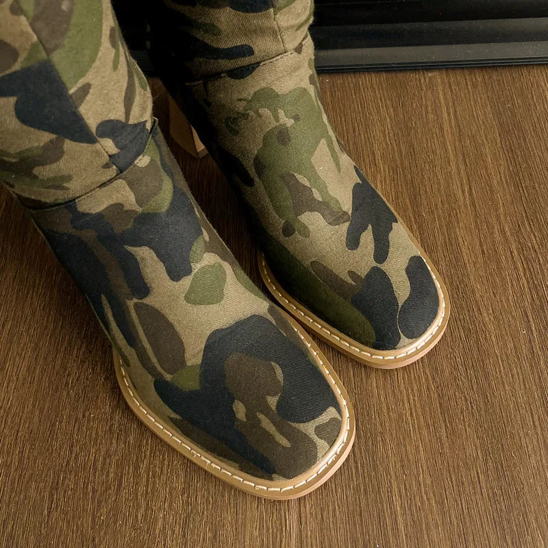 Over Knee High Quality Camo Boots Rounded Head