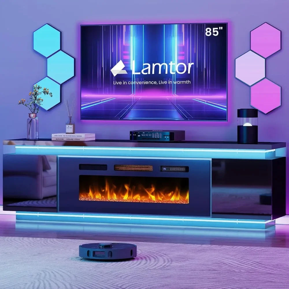 Fireplace TV Stand with LED Light 4 AC Power Outlets, 2 AC, 85 Inch TVs