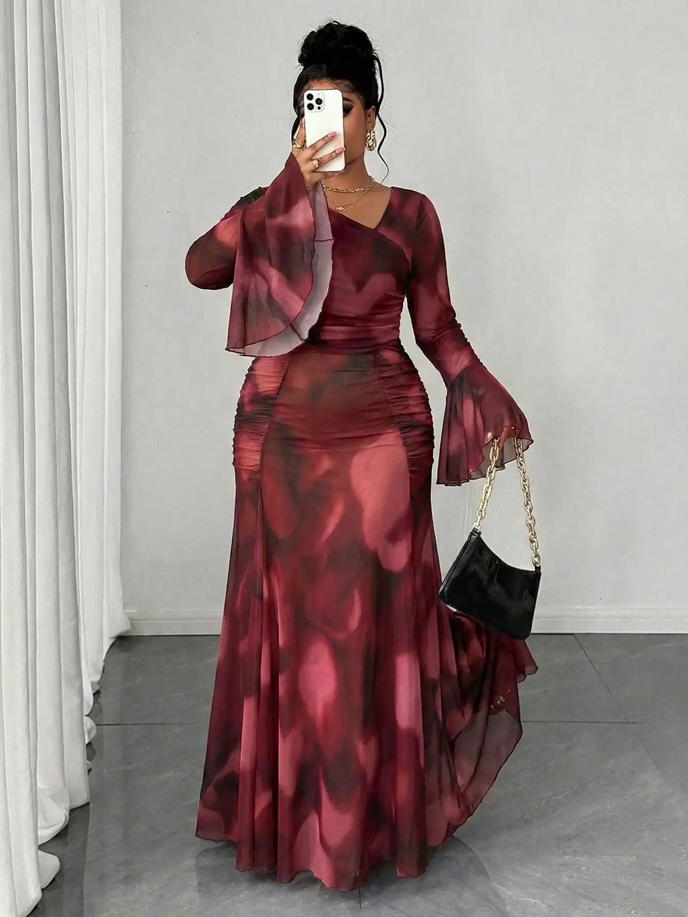 Plus Size Semi-Sheer Long Sleeve Maxi Dress
