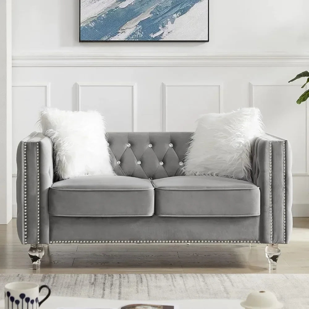 Modern Decor Furniture Tufted Sofa Set with Nailhead Acrylic Legs and 2 Pillows