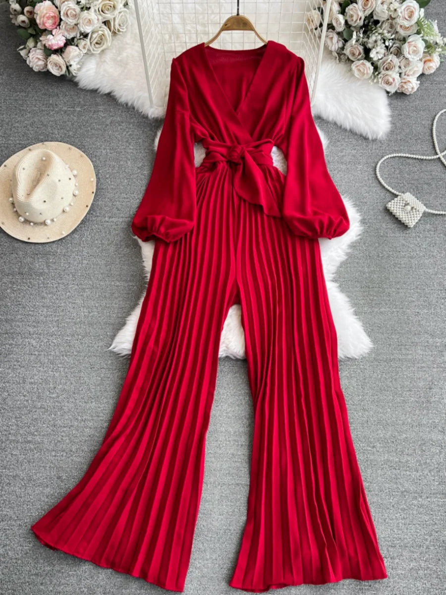 High Waist Wide Leg Jumpsuit Long Sleeve