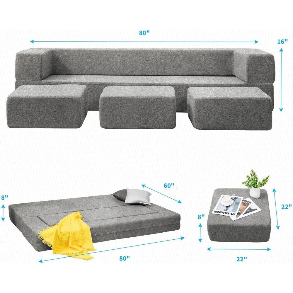 Futon Sofa Bed Queen Convertible with 3 Ottomans Memory Foam