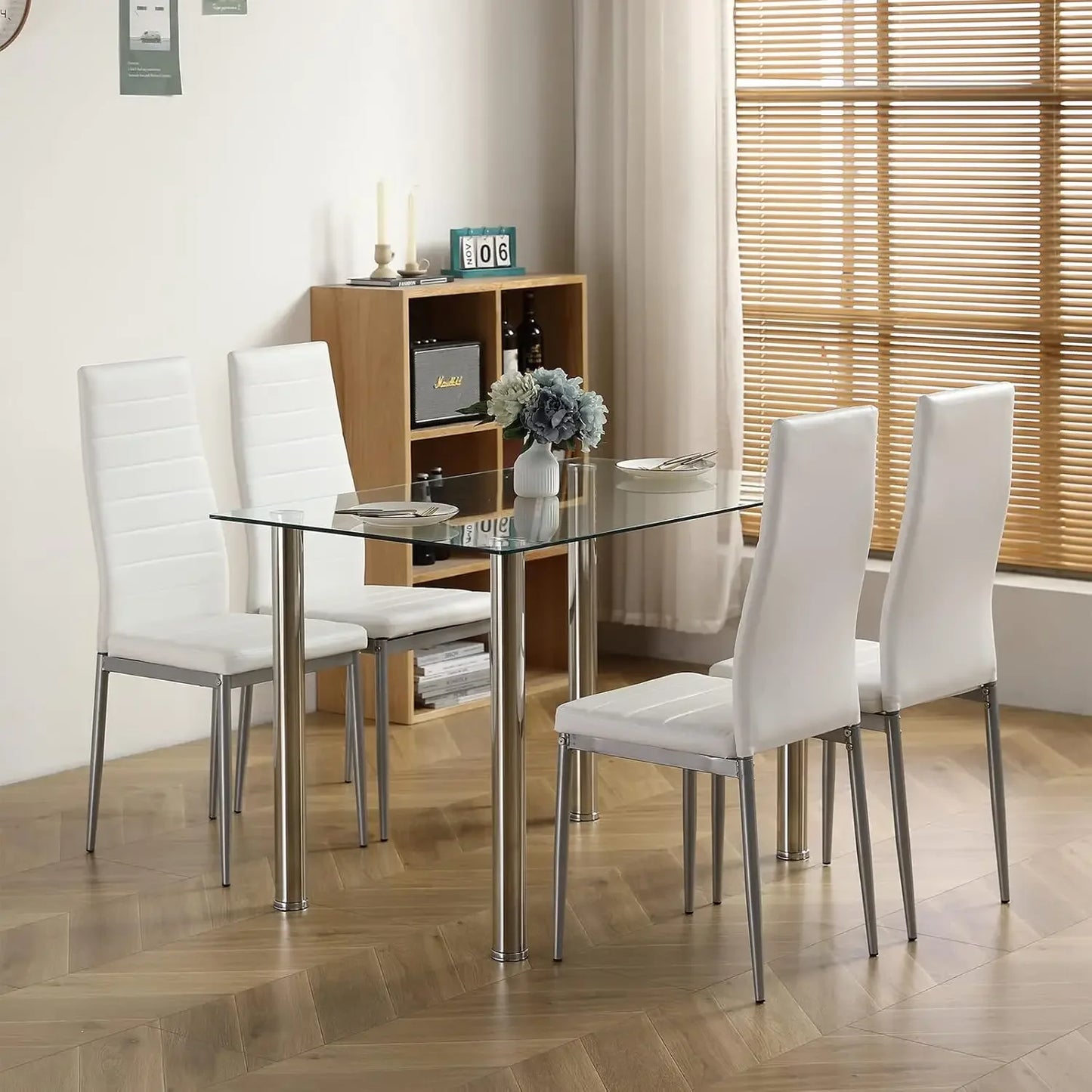 5-Piece Set with Glass Dining Table and 4 PVC Chairs