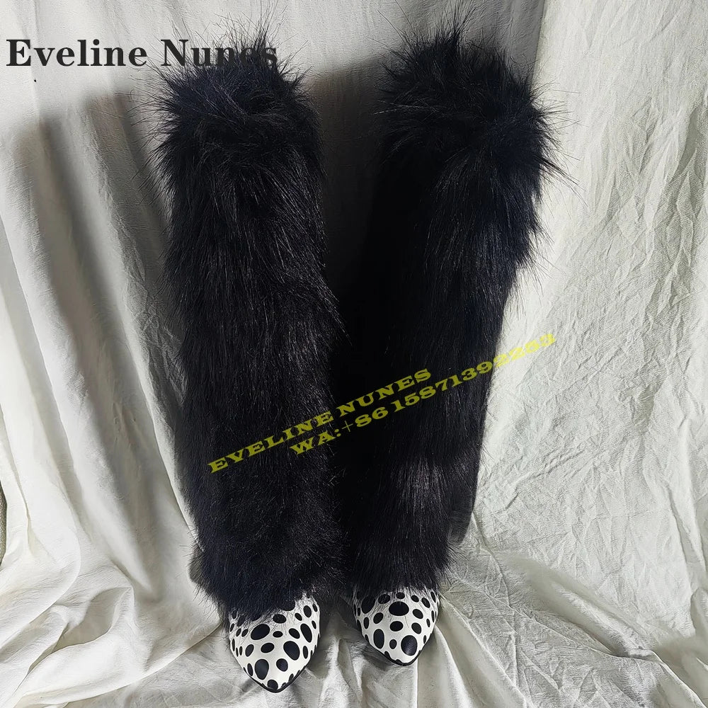 Fur Black Polka Dots Sexy Snow Boots Pointed Toe Thin Heels