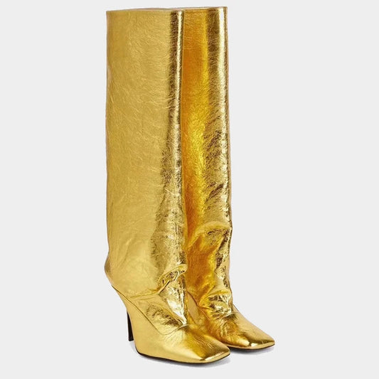 Silver Gold Fine Heel Square Head Knee Length Boots