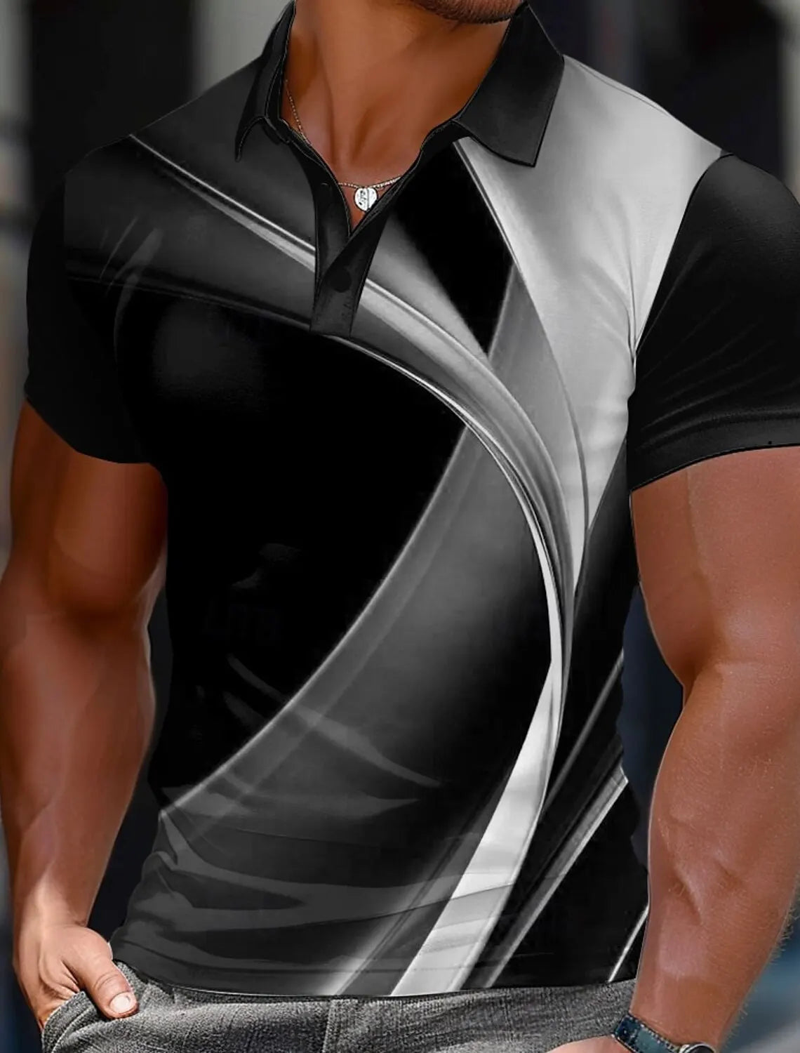 3d Colorful Line Print Short Sleeve Polo Shirt