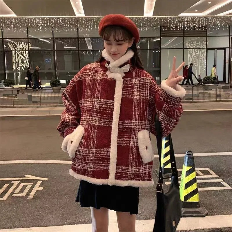 Fashion Plaid and Velvet Padded Little Woolen Coat