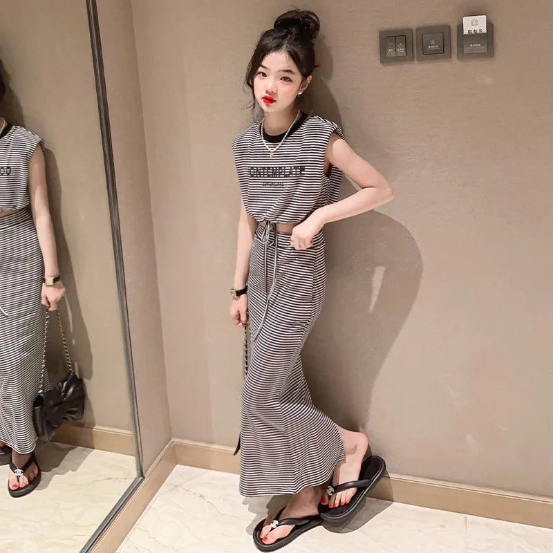 Summer Teen Girls Clothing Sets Child Fashion Letter Tops + Slim Long Skirt 2Pcs Outfits Kids Knitted Suits 5 6 8 10 12 14 Years