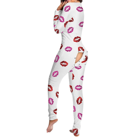 Women's V Neck One Piece Buttoned Flap Pjs