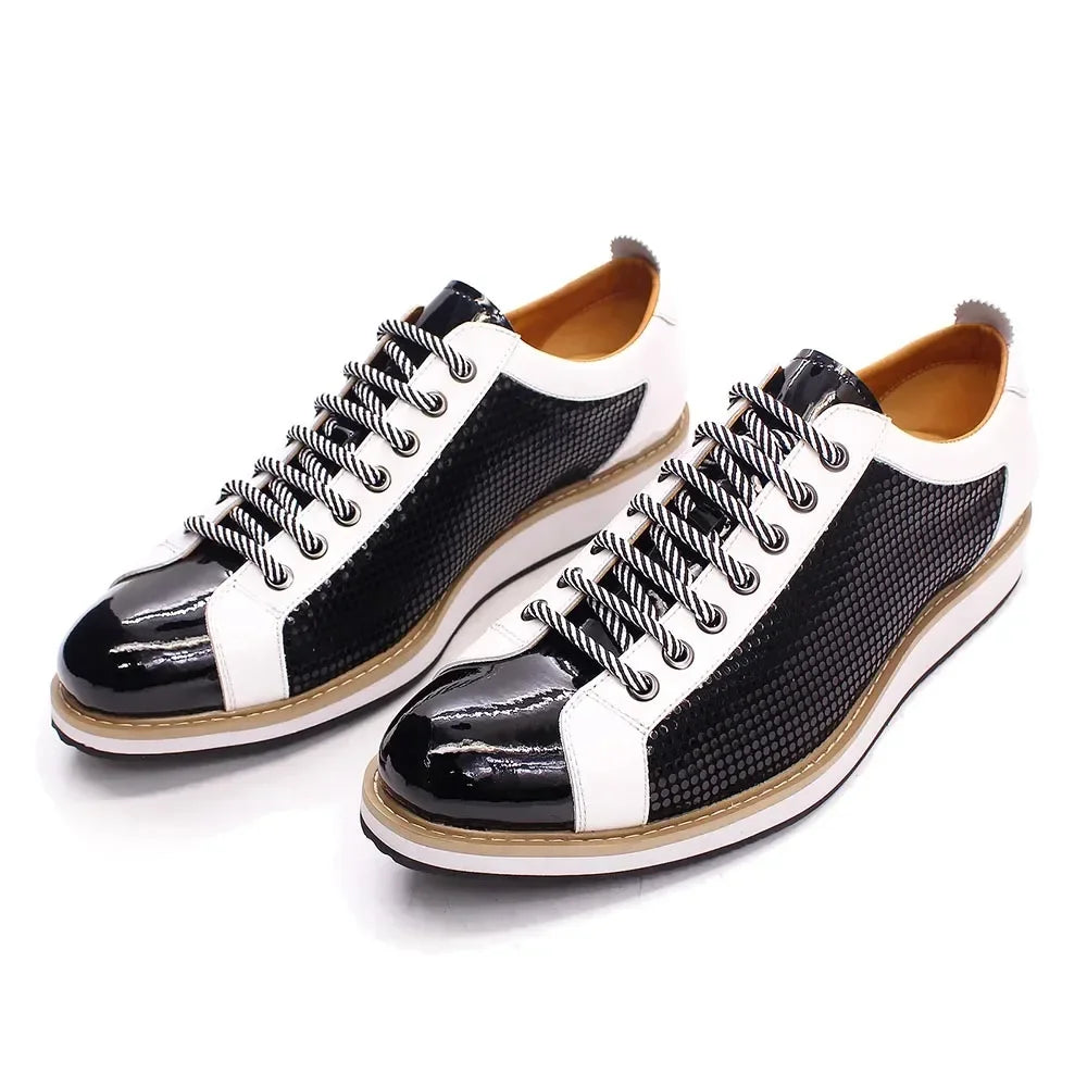 Patent Leather Lace-up Black White Casual Shoes for Men