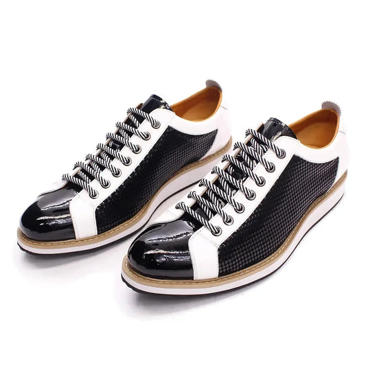 Patent Leather Lace-up Black White Casual Shoes for Men
