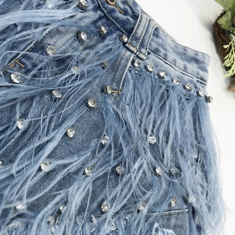 Rhinestone Beaded Feather High Waist Jeans Shorts