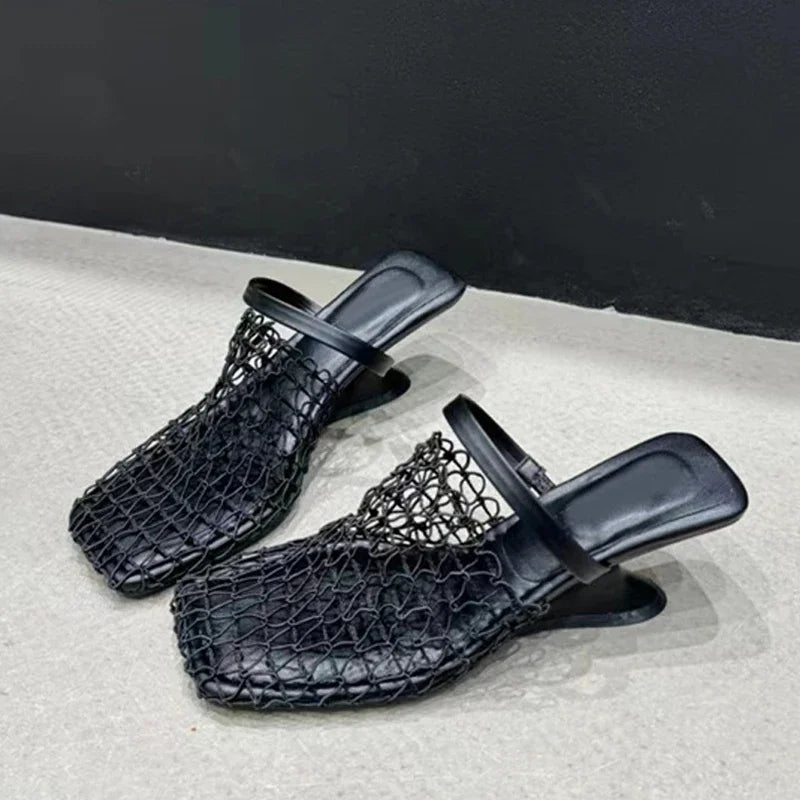 Hollow Out Mesh Square Toe Mules Slippers