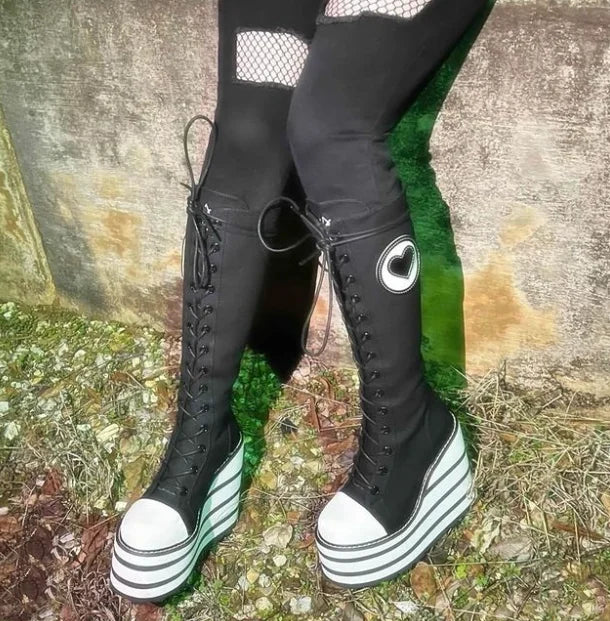 Canvas Platform Knee High Boots Colorful Cute Wedges