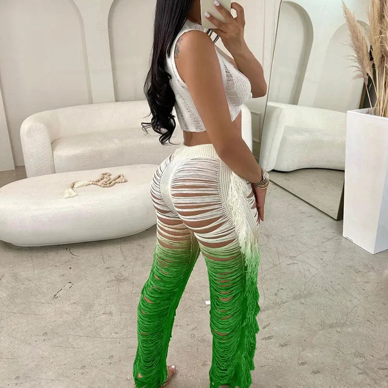Gradient Color Crochet Two Piece Crop Top and Wide Leg Pants